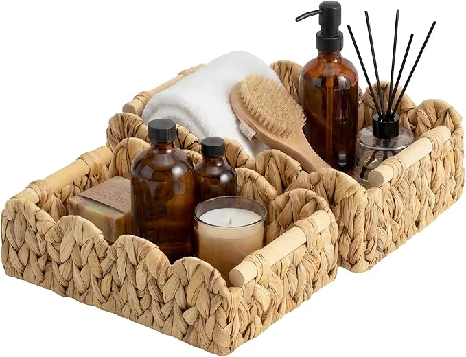 First-Class StorageWorks Toilet Paper Basket 2 Pack Back of Toilet Basket with Wooden Handles Small Wicker Decorative Scalloped Baskets for Organizing Living Room Storage Natural Water HyacinthAbout ThisOverview Detailed