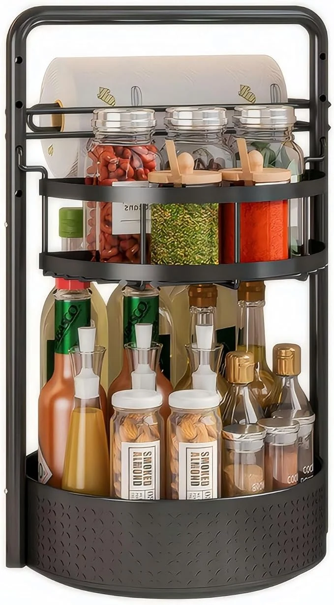 Fashionable JEESA Rotating Spice Rack with Paper Towel Holder 2 Tier Lazy Susan for Spices Sturdy Iron Seasoning Organizer for Kitchen Countertop BlackAbout ThisOverview Safe