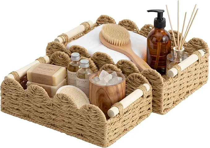 Contemporary StorageWorks Toilet Paper Storage Basket Living Room Organizers and Storage Toilet Paper Basket with Wooden Handles Small Paper Rope Scalloped Basket BrownAbout ThisOverview Next-Generation