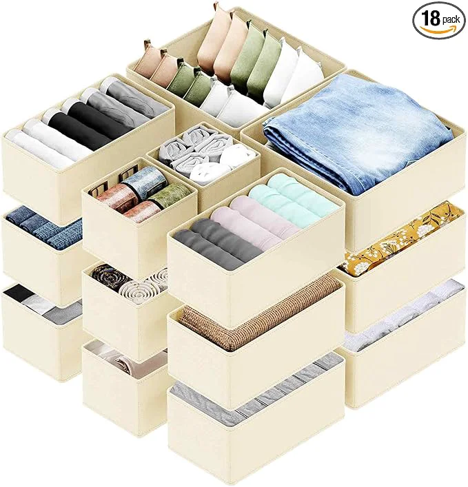 Environmentally Friendly SpaceAid Drawer Organizer for Clothes 18 Pack Dresser Drawer Organizer Bins Closet Organizers and Storage Dividers for Clothing Underwears Socks Beige About ThisOverview Solid