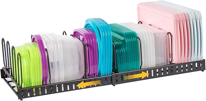 Specialty Expandable Food Container Lid Organizer Large Capacity Adjustable 8 Dividers Detachable Lid Organizer Rack for Cabinets Cupboards Pantry Shelves Drawers Keep Kitchen Tidy Black 10.2 wide 3.6 Pound.About ThisOverview Top-Quality