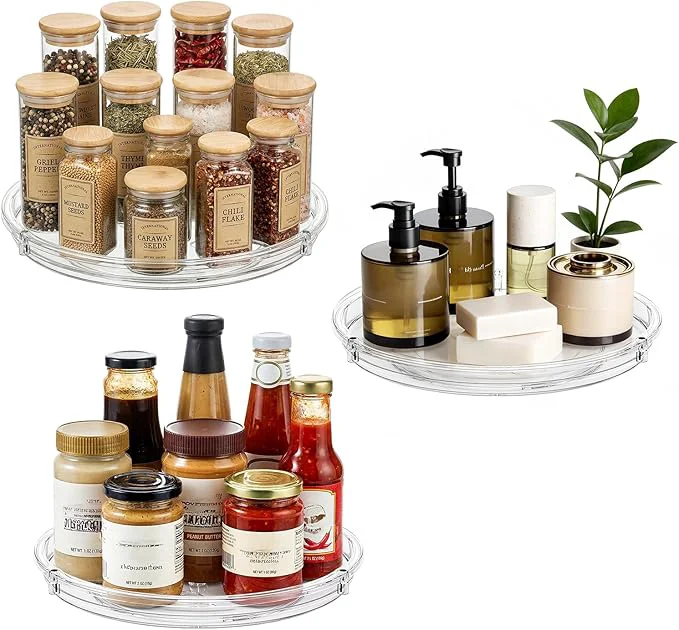 Crafted LAMU 3 Pack Lazy Susan Organizer 9'' Clear Lazy Susan Turntable for Cabinet Fridge Kitchen Pantry Countertop Table Top Refrigerator Organizers and Storage Seasoning and Spice OrganizerAbout ThisOverview Dependable