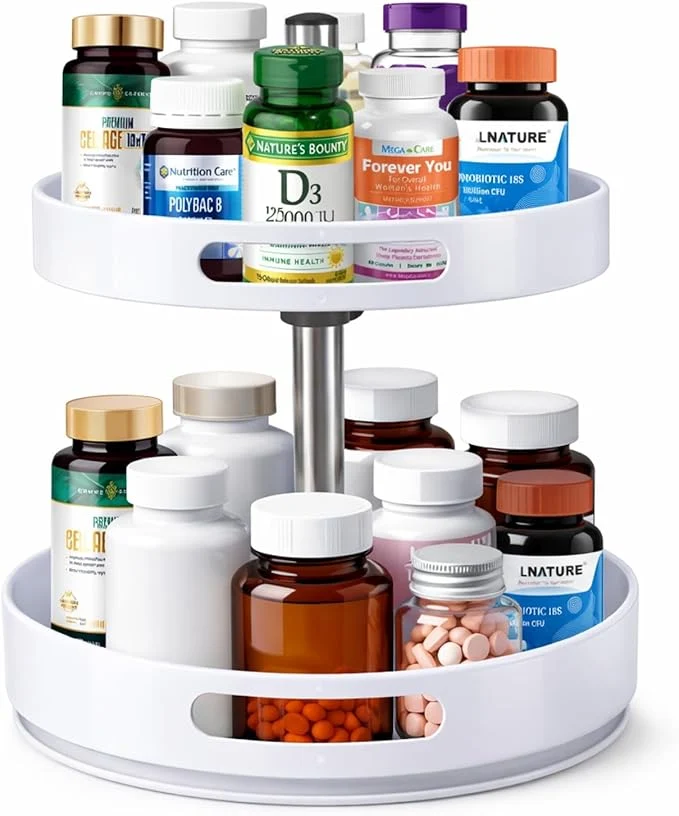 Next-Generation Pill Bottle Organizer 2 Tier Lazy Susan Organizer Rotating Spice Rack Organizers for Cabinet Turntable Organization and Storage for Medicine Cabinet Bottle Pantry CountertopAbout ThisOverview Minimalist