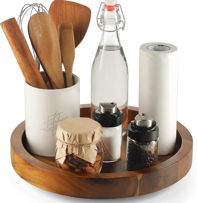 Secure 10 Acacia Wood Lazy Susan Organizer for Cabinet - Round Lazy Susans Turntable for Countertop - Wooden Kitchen Rotating Storage Food Bin Container for Centerpiece Table Spices PantryAbout ThisOverview Unique