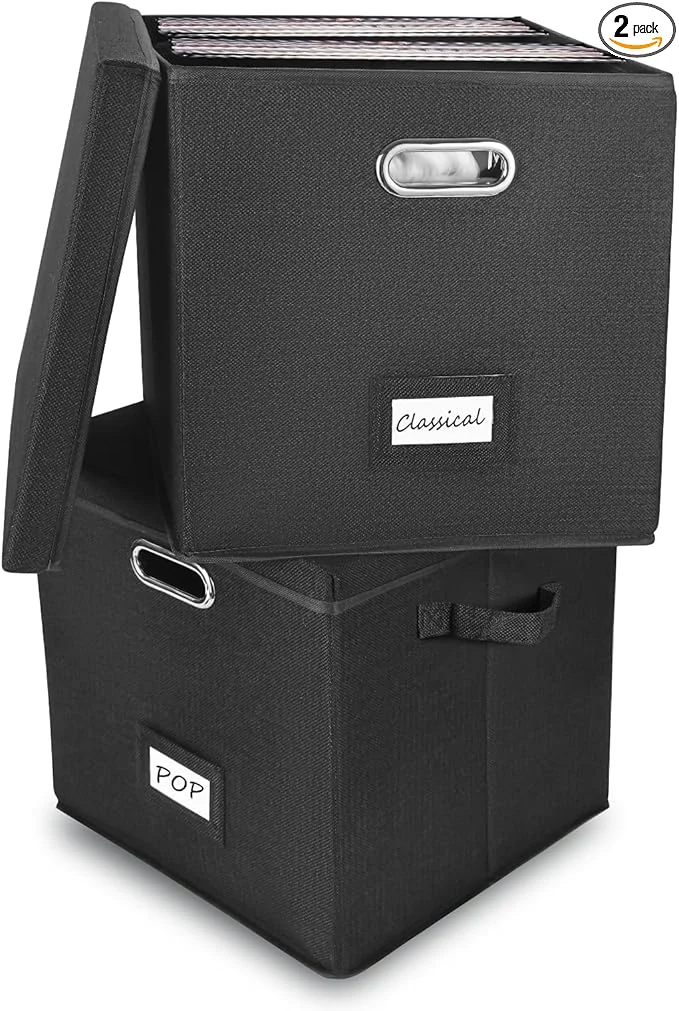 Durable Vinyl Record Storage Box Set of 2 - Album Storage Holds 100 Single Records Decorative LP Storage Organizer Crate with Lid Sturdy Moving Boxes for Vinyl Easy to Carry and Organize Your Music AlbumAbout ThisOverview Convenient