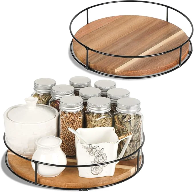 Solid 2 Pack 11 12 Acacia Wood Lazy Susan Organizers with Steel Sides Lazy Susan Turntable for Cabinet Kitchen Turntable Storage for Table Countertop PantryAbout ThisOverview Secure