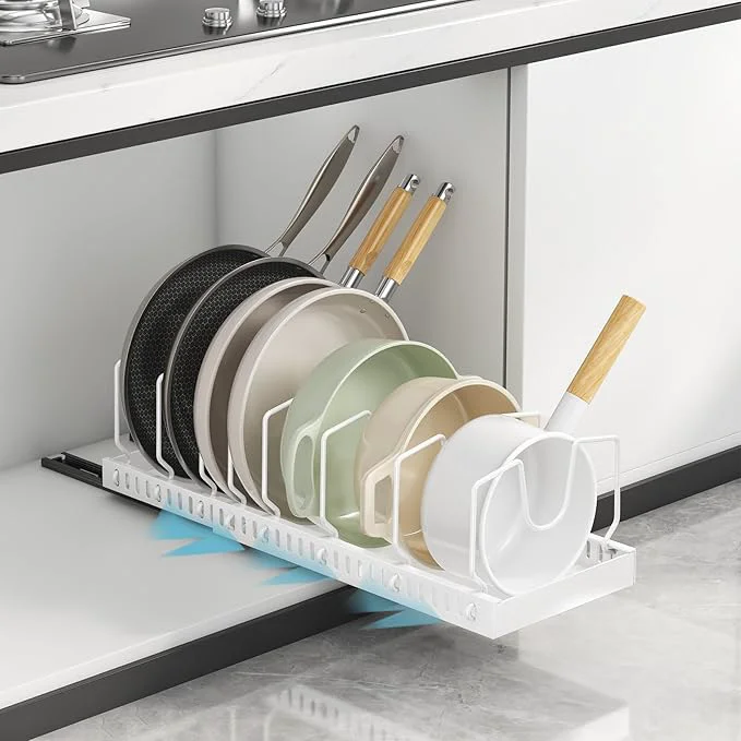 Comfortable Pots and Pans Organizer Under Cabinet Pull-out Pots and Pans Organizer Under Cabinet Pot Lid Holder Sliding type Pots and Pans Storage with 8 Adjustable Dividers for KitchenAbout ThisOverview Specialty