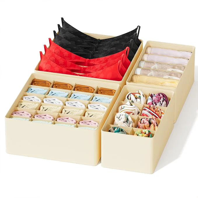 Environmentally Friendly SpaceAid Underwear Drawer Organizer 4 Pack Dresser Organizer Bins for Nursery Closet Organization and Storage with Dividers for Baby Clothes Socks Bra Ties Scarf Beige About ThisOverview High-Quality