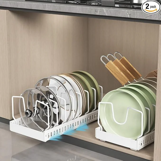 Minimalist Pull-Out Pots and Pans Organizer 2 Pack Under Cabinet Pot Lid Holder Slide Lid Organizers Inside Cabinet Pot Lid Organizer for Kitchen Bakeware Dishes 8 Adjustable Dividers - WhiteAbout ThisOverview Fine Crafted