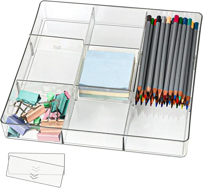 Premium Material Adjustable Clear Drawer Organizer Plastic Drawer Divider Tray with Removable 9 Sections for Desk Bathroom Office Makeup JunkAbout ThisOverview Natural