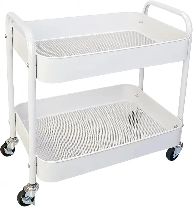 User-Friendly 2 Tier Metal Rolling Cart with Wheels for Under Desk Storage Pantry Storage High Load-Bearing Kitchen Utility Cart for Small Space Laundry Room Organization Side Table with 4 Hooks WhiteAbout ThisOverview Natural
