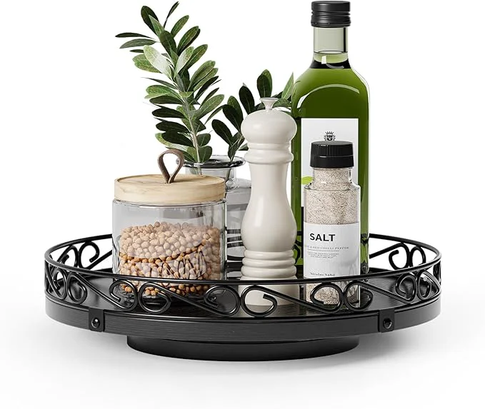Solid Yoobure 10 Lazy Susan Turntable for Cabinet - Farmhouse Wooden Round Tray for Table Top 360° Rotating Lazy Susans Counter Organizer with Patterned Raised Edge for Kitchen Dining Table Decor BlackAbout ThisOverview Practical
