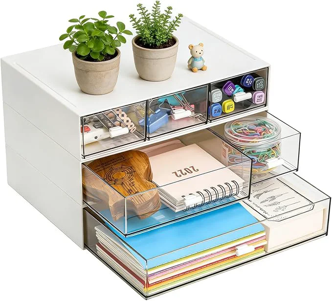 Reusable Lyellfe 3 Tier Small Desk Organizer with 6 Drawer Stackable Desktop Storage Box Portable Size Office Supplies Jewelry Storage Case Makeup and Stationary Organizer for Cosmetic School SupplyAbout ThisOverview Trendy