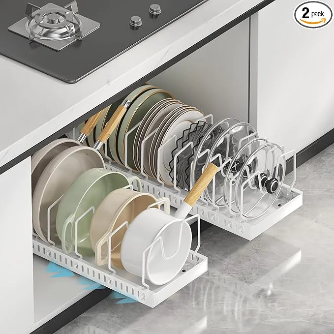 Recyclable Pots and Pans Organizer Under Cabinet Pull Out Pots and Pans Organizer Under Cabinet Pot Lid Holder Sliding type Pots and Pans Storage for Pot Lid Bakeware Dishes 10 Adjustable DividersAbout ThisOverview Elite