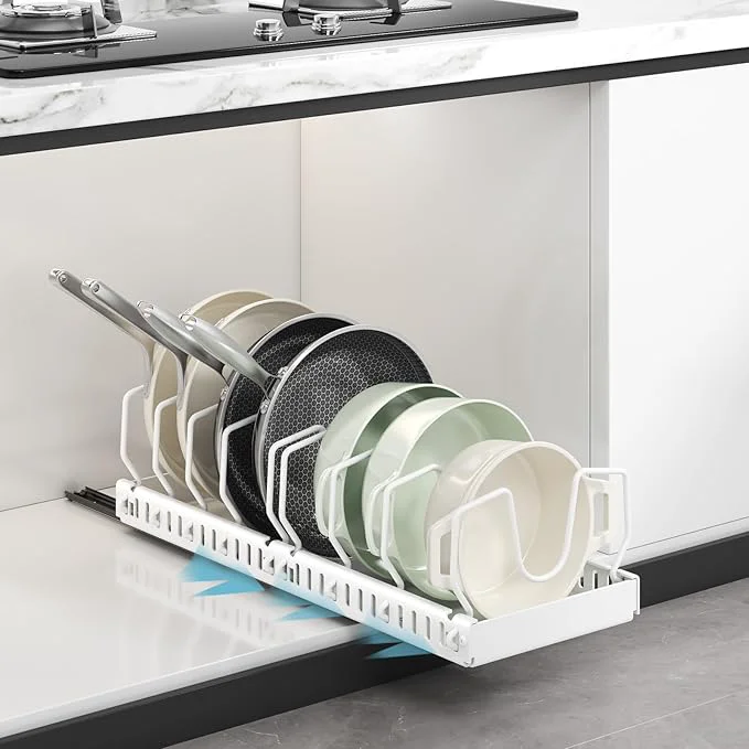 Optimized Pots and Pans Organizer Under Cabinet Pull Out Pots and Pans Organizer Expandable Sliding Lid Holder and Pan Rack for Pot Lid Bakeware Dishes 10 Adjustable DividersAbout ThisOverview Responsible