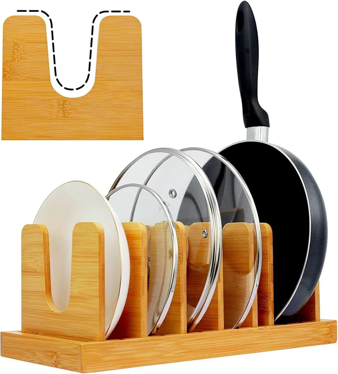Clean MinBoo Bamboo Pot Lid Organizer Pot Lid Holder Pot and Pan Organizer Drawer Organizer for Pot Lids Pans Cutting Boards Baking Sheets Dinner PlatesAbout ThisOverview Trusted