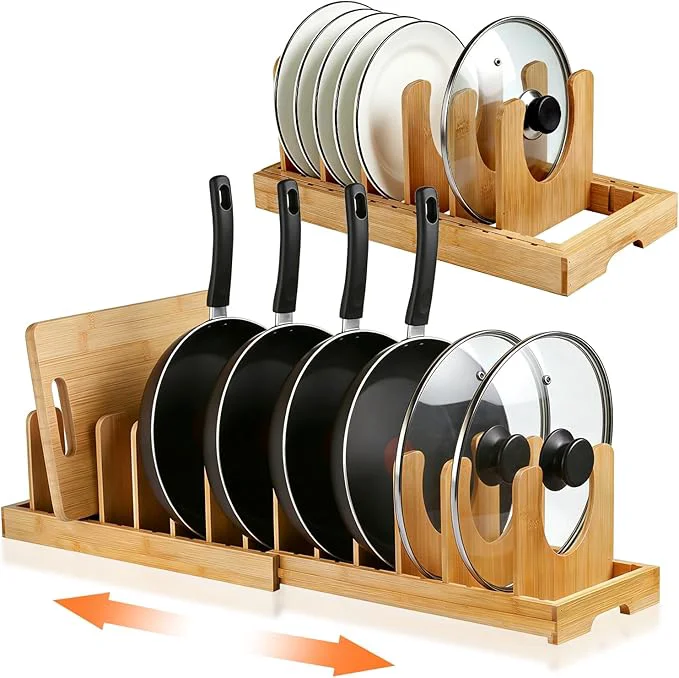 Original Design Bamboo Pots and Pans Organizer under Cabinet Expandable Pot lid Holder Rack and cutting board organizer Adjustable Bakeware Cookie Sheet Tray for Kitchen StorageAbout ThisOverview Original