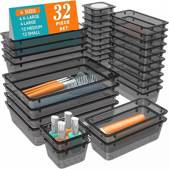 Fashionable WOWBOX 32 PCS Clear Plastic Drawer Organizer Set 4 Sizes Desk Drawer Organization and Storage Containers for Makeup Cosmetics Jewelry and Gadgets in Kitchen Bathroom Bedroom Office Clear BlackAbout ThisOverview Smart
