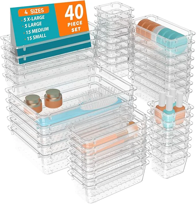 Fine Crafted WOWBOX 40 PCS Clear Plastic Drawer Organizer Set 4 Sizes Desk Drawer Organization and Storage Containers for Makeup Cosmetics Jewelry and Gadgets in Kitchen Bathroom Bedroom Office ClearAbout ThisOverview Outstanding