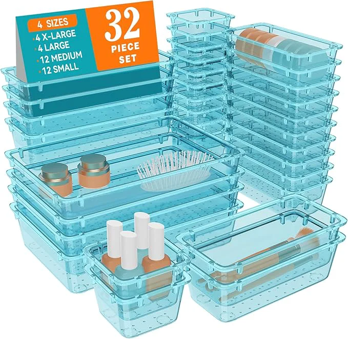 Long-Lasting WOWBOX 32 PCS Plastic Drawer Organizer Set 4 Sizes Desk Drawer Organization and Storage Containers for Makeup Cosmetics Jewelry and Gadgets in Kitchen Bathroom Bedroom Office Clear Sea BlueAbout ThisOverview Recyclable