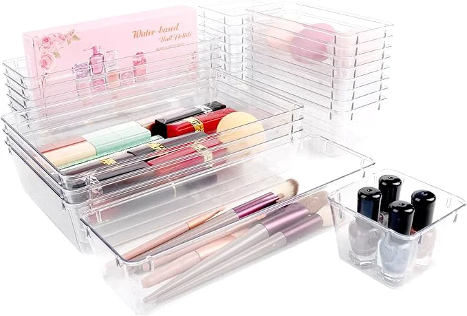 Casual 25 PCS Clear Plastic Drawer Organizer Set Vanity Organizer Storage Bins Containers 4 Size Desk Drawer Organizer TrayAbout ThisOverview Flexible