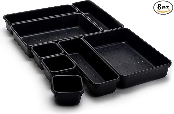 Reliable Masirs Interlocking Drawer Organizer Bins Durable Plastic Various Sizes for Custom Layout Design Great for Desk Drawer Tool Box or Garage Organization Black 8-Piece Set About ThisOverview Premium