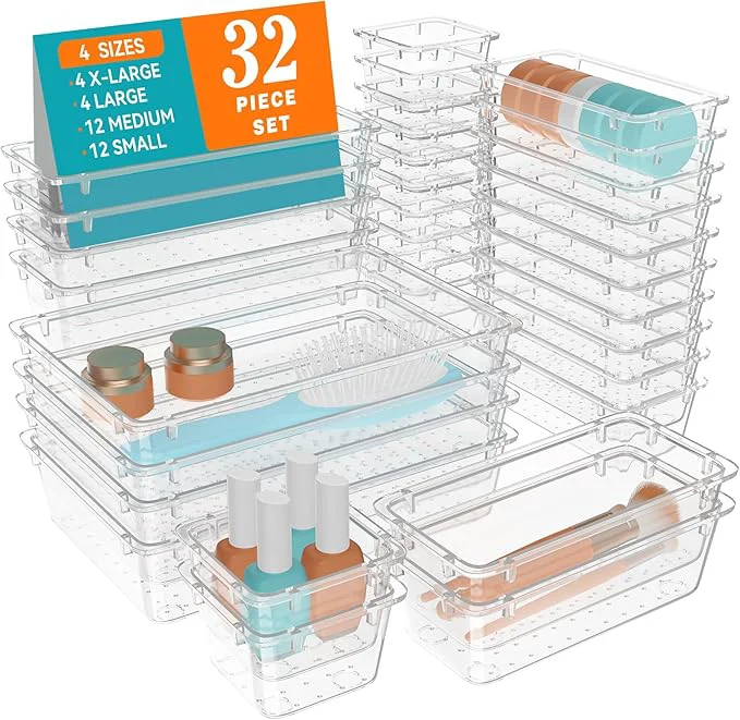 Sophisticated WOWBOX 32 PCS Clear Plastic Drawer Organizer Set 4 Sizes Desk Drawer Organization and Storage Containers for Makeup Cosmetics Jewelry and Gadgets in Kitchen Bathroom Bedroom Office ClearAbout ThisOverview Powerful