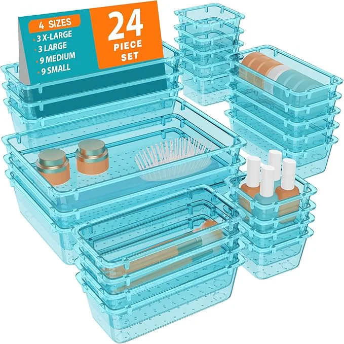 Elegant WOWBOX 24 PCS Plastic Drawer Organizer Set 4 Sizes Desk Drawer Organization and Storage Containers for Makeup Cosmetics Jewelry and Gadgets in Kitchen Bathroom Bedroom Office Clear Sea BlueAbout ThisOverview Powerful