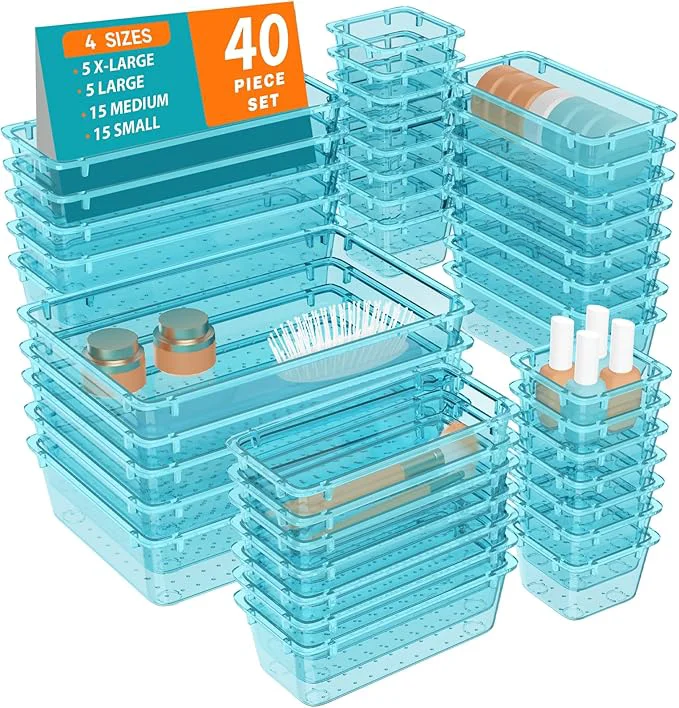 Enhanced WOWBOX 40 PCS Plastic Drawer Organizer Set 4 Sizes Desk Drawer Organization and Storage Containers for Makeup Cosmetics Jewelry and Gadgets in Kitchen Bathroom Bedroom Office Clear Sea BlueAbout ThisOverview Modern