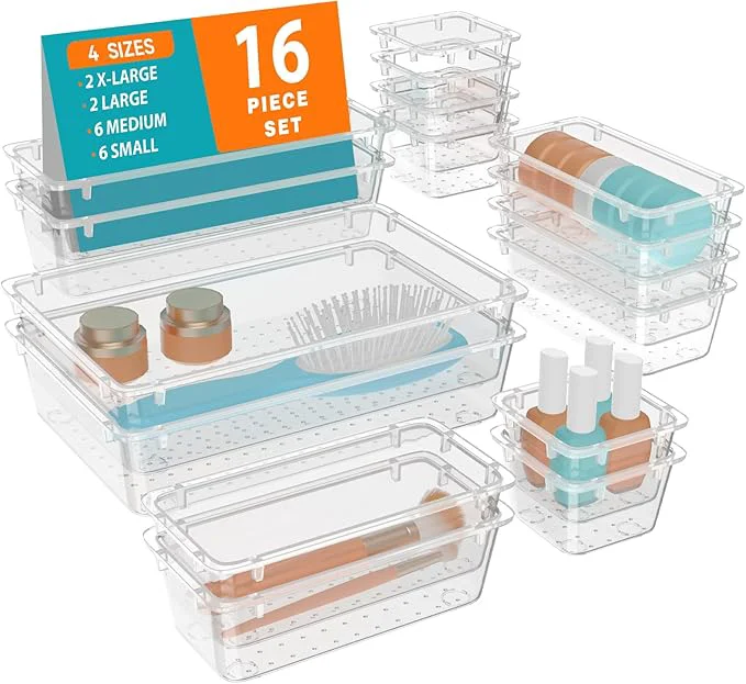 Selected WOWBOX 16 PCS Clear Plastic Drawer Organizer Set 4 Sizes Desk Drawer Organization and Storage Containers for Makeup Cosmetics Jewelry and Gadgets in Kitchen Bathroom Bedroom Office ClearAbout ThisOverview First-Class