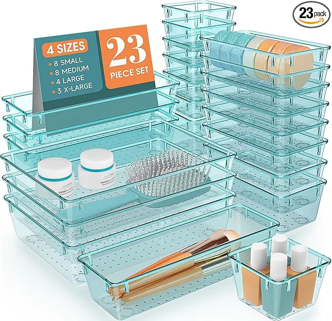 Exclusive 23 PCS Clear Plastic Drawer Organizers Set 4 Size Desk Drawer Organizer Trays for Makeup Jewelry Kitchen Utensils Gadgets and Office Accessories Sea BlueAbout ThisOverview Prestigious