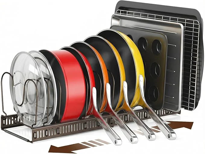 Original Design ORDORA Pots and Pans Organizer under Cabinet with Pan Holder Expandable 11.8 -22.8 Kitchen Cabinet Organizer Rack 12 Adjustable Dividers Storage for Cookie Sheets Cutting Boards Lid BronzeAbout ThisOverview Genuine