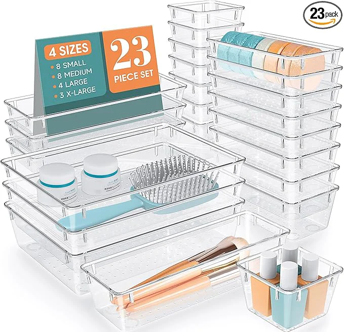 Dependable 23 PCS Clear Plastic Drawer Organizers Set 4 Size Desk Drawer Organizer Trays for Makeup Jewelry Kitchen Utensils Gadgets and Office AccessoriesAbout ThisOverview Sustainable