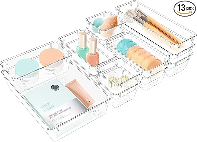 World-Class 13 PCS Clear Plastic Drawer Organizers Set 4 Size Desk Drawer Organizer Trays for Makeup Jewelry Kitchen Utensils Gadgets and Office AccessoriesAbout ThisOverview Easy-to-Use