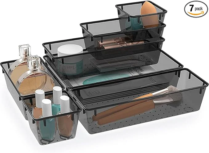 High-Quality 7 PCS Clear Plastic Drawer Organizers Set 4 Size Desk Drawer Organizer Trays for Makeup Jewelry Kitchen Utensils Gadgets and Office Accessories BlackAbout ThisOverview Certified