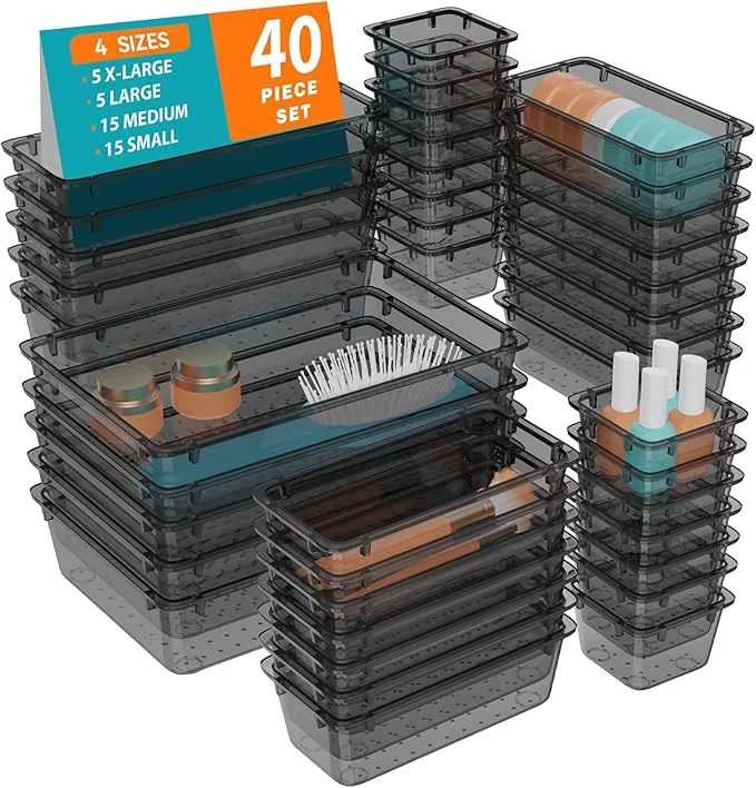Next-Generation WOWBOX 40 PCS Clear Plastic Drawer Organizer Set 4 Sizes Desk Drawer Organization and Storage Containers for Makeup Cosmetics Jewelry and Gadgets in Kitchen Bathroom Bedroom Office Clear BlackAbout ThisOverview First-Class