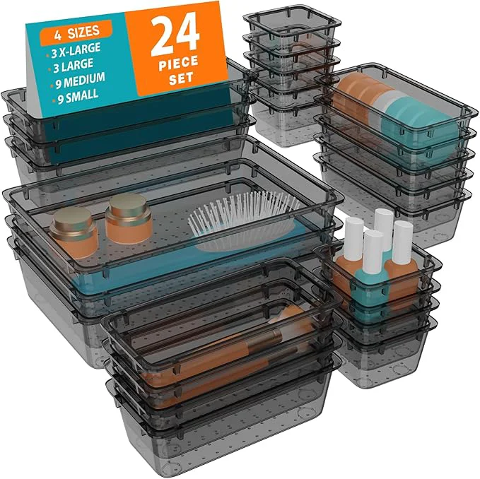 Minimalist WOWBOX 24 PCS Clear Plastic Drawer Organizer Set 4 Sizes Desk Drawer Organization and Storage Containers for Makeup Cosmetics Jewelry and Gadgets in Kitchen Bathroom Bedroom Office Clear BlackAbout ThisOverview Environmentally Friendly