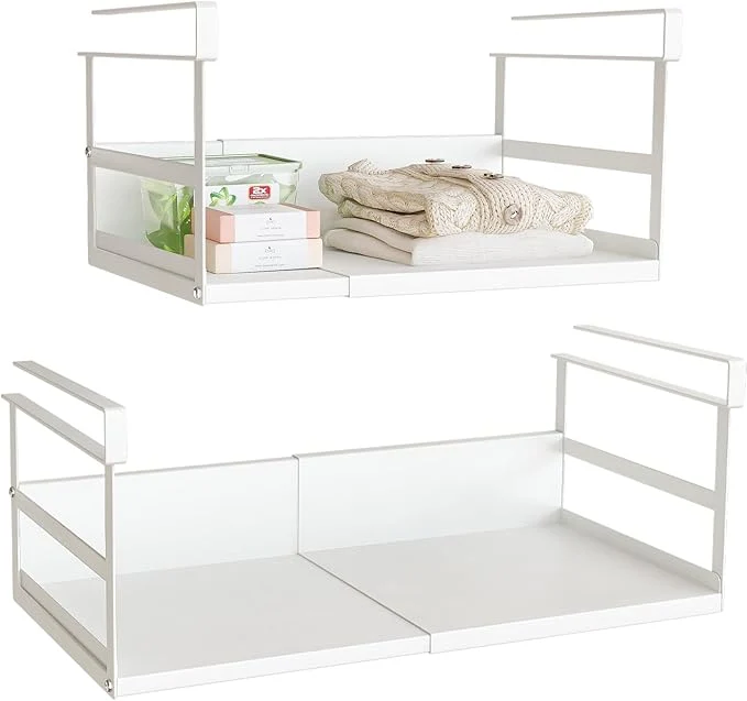 Lightweight Expandable Under Cabinet Shelf Organizer with 1.25 Inches Thick Clips Heavy Duty Extendable Under Shelf Storage Basket for Pantry or Laundry Room White 2 Pack Interior 5.7 H x 8.54 DAbout ThisOverview Practical