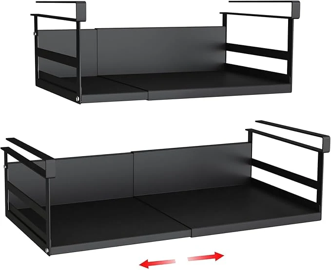 Easy-to-Use Expandable Under Cabinet Shelf Organizer with 0.94-Inch Thick Clips Heavy Duty Extendable Under Shelf Storage Basket for Pantry or Laundry Room Black 2 Pack Interior 4.13 H x 8.54 DAbout ThisOverview Fashionable