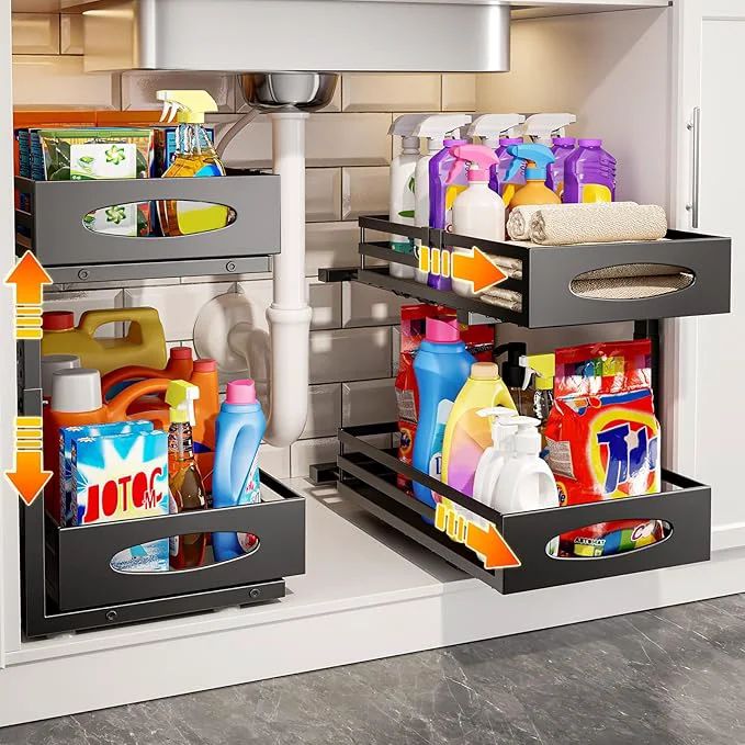 Easy-to-Use Under Sink Organizer 2 Tier Under Sink Organizers and Storage Adjustable Height Slide out Metal Cabinet Organizers Pull out Cabinet Storage Drawer Shelf for Kitchen Bathroom Black 2 About ThisOverview Convenient