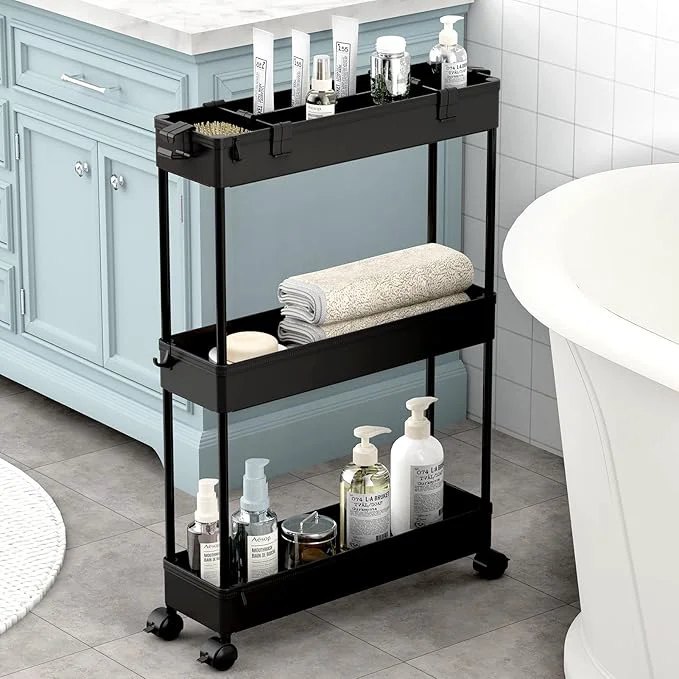 Natural SPACELEAD Slim Storage Cart 3 Tier Bathroom Organizer Rolling Utility Mobile Shelving Unit Slide Out for Office Kitchen Laundry Room Narrow Places BlackAbout ThisOverview Stylish