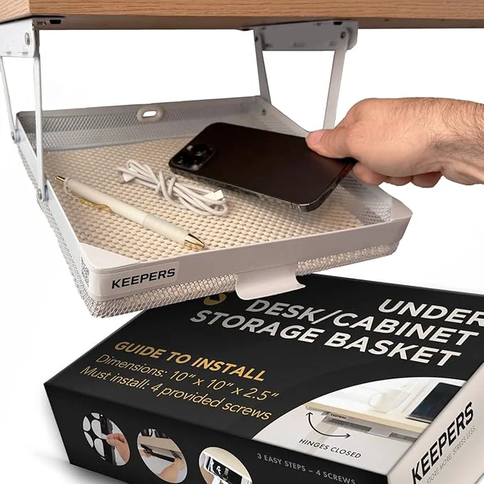 Optimized Keepers - Organizer for Home Kitchen Bathroom RV Small Spaces - Storage Organizers - Compact Metal Basket - Under Cabinet Holder - Easy Install - Holds Strong - Fits in 11x10x2in - WhiteAbout ThisOverview Original Design