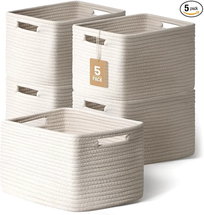Consistent 5 Pack White Woven Storage Baskets for Shelves Decorative Basket Organizer Storage Bins for Toys Books Clothes Closet Nursery Bathroom – Cotton Rope Shelf Baskets for Organizing and DecorAbout ThisOverview Safe