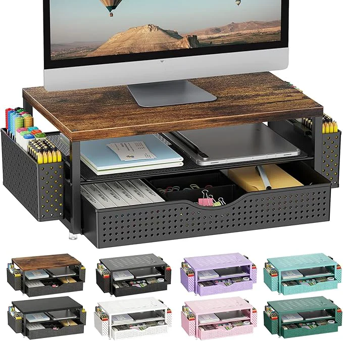 Fine gianotter Wood Monitor Stand Riser Office Desk Shelf Organizer Desk Organizer with Drawer and Pen Holder 2-Tier Computer Stand Office Organization Wood About ThisOverview High-End