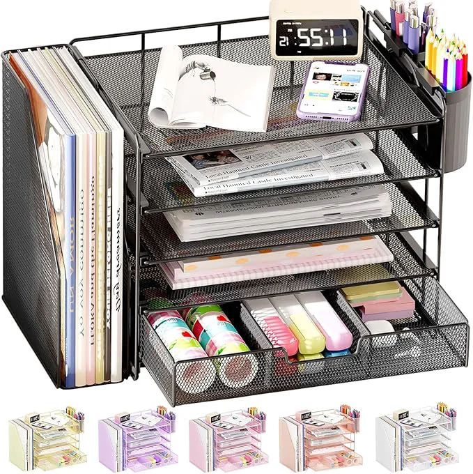 Recyclable OPNICE Desk Organizer 5-Tier Paper File Organizer with Drawer Pen Holder Office Desk Accessories Workspace Desktop Organizer for Office Supplies Black About ThisOverview Proven