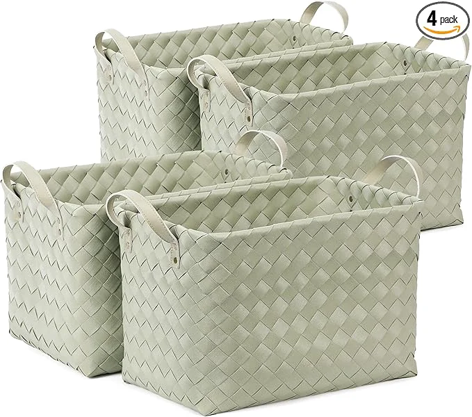 Secure BROWNLILY Handwoven Clothes Basket Laundry Hampers Large Wicker Storage Baskets for Shelves Blankets Closet Storage Bins Car Bedroom Bathroom Organizers and Storage Bath Pack of 4 Green About ThisOverview Breathable
