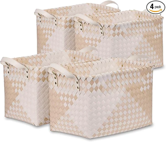 Efficient BROWNLILY Handwoven Clothes Basket Laundry Hampers Large Wicker Storage Baskets for Shelves Blankets Closet Storage Bins Car Bedroom Bathroom Organizers and Storage Pack of 4 Khaki Ivory White About ThisOverview Refined