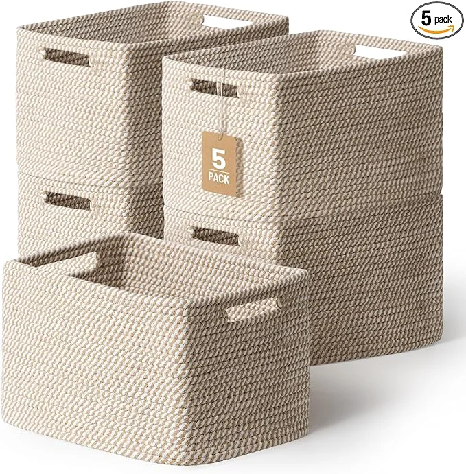Sophisticated 5 Pack Woven Storage Baskets for Shelves Decorative Basket Organizer Storage Bins for Toys Books Clothes Closet Nursery Bathroom – Cotton Rope Shelf Baskets for Organizing and Decor KhakiAbout ThisOverview Elegant
