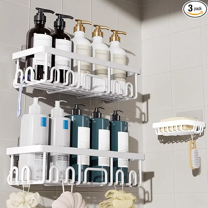 Clean Veken Shower Caddy 3-Pack Advanced Rustproof Design No Drilling Adhesive Shelves Rack with Soap Holder Large Capacity Bathroom Organizers and Storage Wall-Mounted Kitchen Home Decor WhiteAbout ThisOverview Stylish