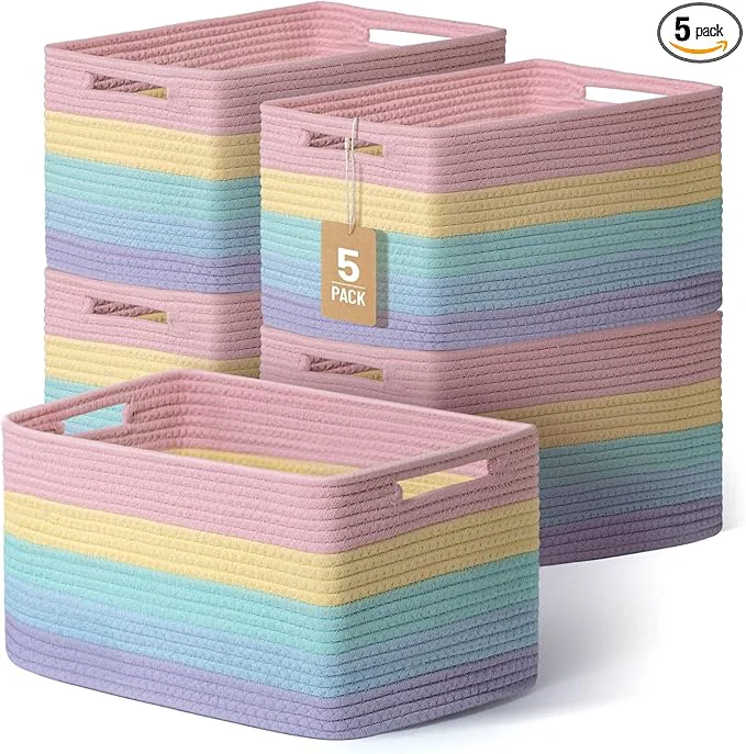 Organic 5 Pack Rainbow Woven Storage Baskets for Shelves Decorative Toy Baskets Organizer for Kids Room Nursery Playroom Classroom – Colorful Cotton Rope Toy Storage Bins for Organizing DecorAbout ThisOverview Green